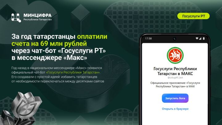 «Макс» в помощь: за год татарстанцы оплатили счета на 69 миллионов рублей через чат-бот «Госуслуги РТ»